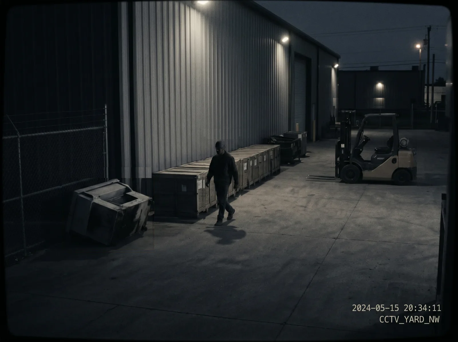 Night view of a warehouse yard from one security camera